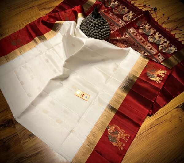 Elegant White & Maroon Pure Silk Saree with Gold Zari Elephant Border and Rich Pallu