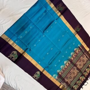 Vibrant Blue and Deep Purple Soft Silk Saree with Gold Zari Elephant Motifs and Rich Woven Pallu