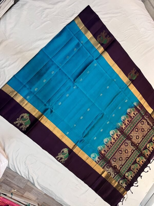 Vibrant Blue and Deep Purple Soft Silk Saree with Gold Zari Elephant Motifs and Rich Woven Pallu