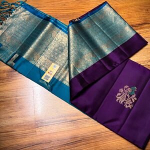 Royal Purple and Turquoise Blue Soft Silk Saree with Silver Zari Peacock Motifs and Rich Woven Pallu