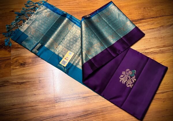 Royal Purple and Turquoise Blue Soft Silk Saree with Silver Zari Peacock Motifs and Rich Woven Pallu