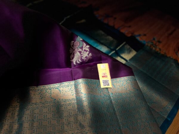 Royal Purple and Turquoise Blue Soft Silk Saree with Silver Zari Peacock Motifs and Rich Woven Pallu