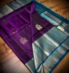 Royal Purple and Turquoise Blue Soft Silk Saree with Silver Zari Peacock Motifs and Rich Woven Pallu