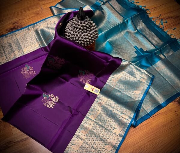 Royal Purple and Turquoise Blue Soft Silk Saree with Silver Zari Peacock Motifs and Rich Woven Pallu