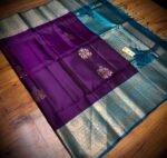 Royal Purple and Turquoise Blue Soft Silk Saree with Silver Zari Peacock Motifs and Rich Woven Pallu