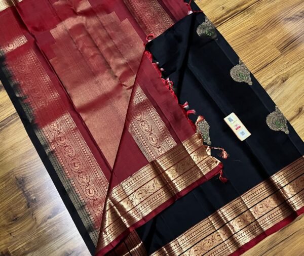 Elegant Black and Rich Maroon Soft Silk Saree with Intricate Gold Zari Motifs and Traditional Border