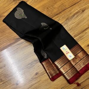 Elegant Black and Rich Maroon Soft Silk Saree with Intricate Gold Zari Motifs and Traditional Border