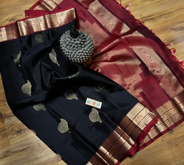 Elegant Black and Rich Maroon Soft Silk Saree with Intricate Gold Zari Motifs and Traditional Border