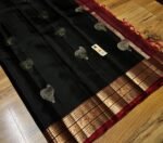 Elegant Black and Rich Maroon Soft Silk Saree with Intricate Gold Zari Motifs and Traditional Border