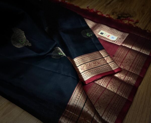 Elegant Black and Rich Maroon Soft Silk Saree with Intricate Gold Zari Motifs and Traditional Border