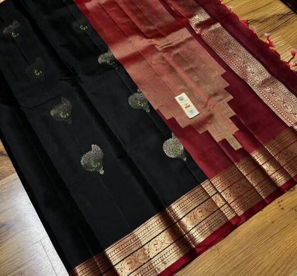 Elegant Black and Rich Maroon Soft Silk Saree with Intricate Gold Zari Motifs and Traditional Border