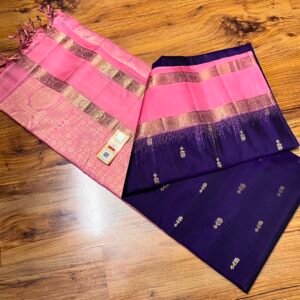 Elegant Deep Violet Silk Saree with Gold Zari Floral Bootis & Pink Pallu