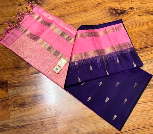 Elegant Deep Violet Silk Saree with Gold Zari Floral Bootis & Pink Pallu
