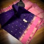 Elegant Deep Violet Silk Saree with Gold Zari Floral Bootis & Pink Pallu