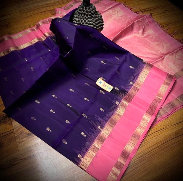 Elegant Deep Violet Silk Saree with Gold Zari Floral Bootis & Pink Pallu