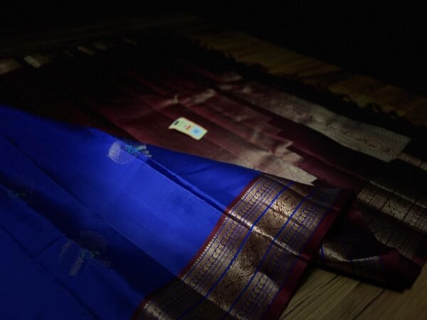 Royal Blue Silk Saree with Maroon Pallu and Rich Gold Zari Border