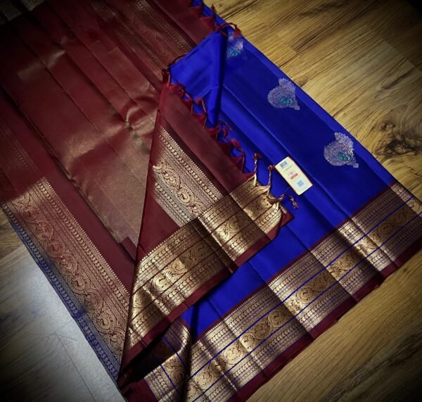 Royal Blue Silk Saree with Maroon Pallu and Rich Gold Zari Border