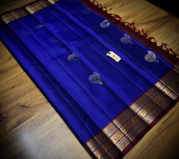 Royal Blue Silk Saree with Maroon Pallu and Rich Gold Zari Border