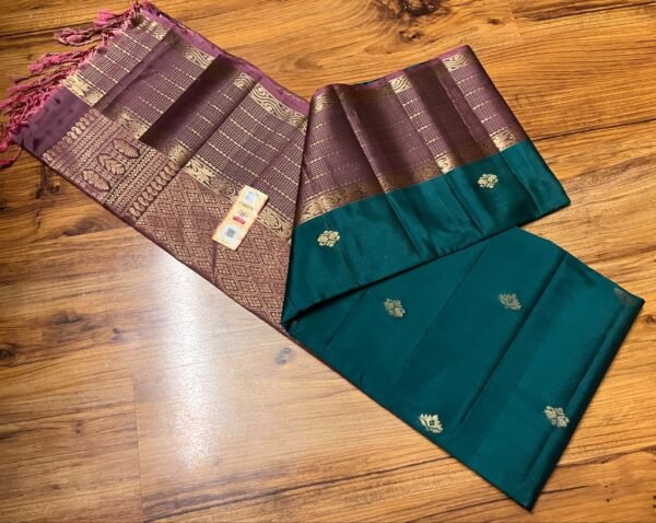 Luxurious Teal Green & Mauve Purple Soft Silk Saree with Heavy Gold Zari Weave