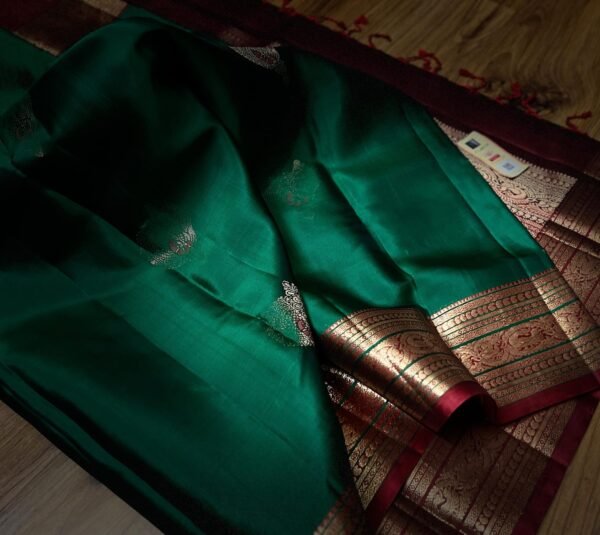Emerald Green Silk Saree with Maroon Pallu and Rich Gold Zari Border