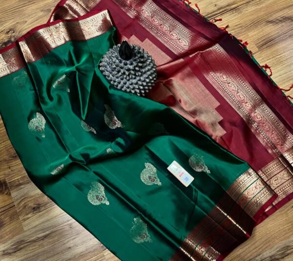 Emerald Green Silk Saree with Maroon Pallu and Rich Gold Zari Border
