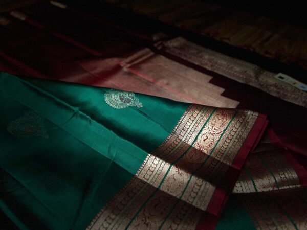 Emerald Green Silk Saree with Maroon Pallu and Rich Gold Zari Border