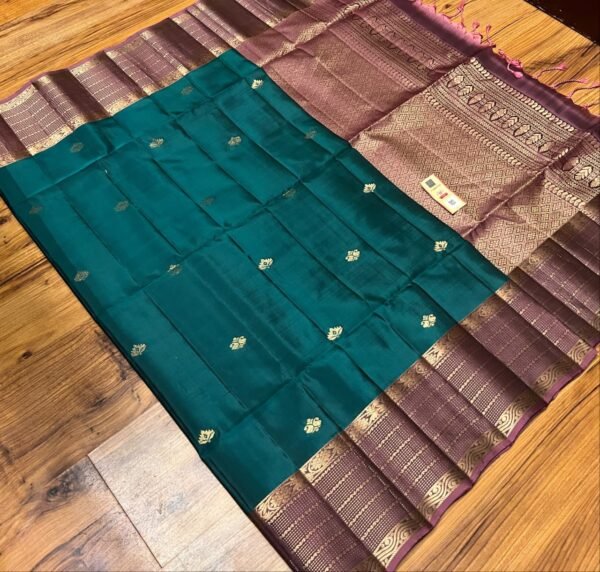 Luxurious Teal Green & Mauve Purple Soft Silk Saree with Heavy Gold Zari Weave