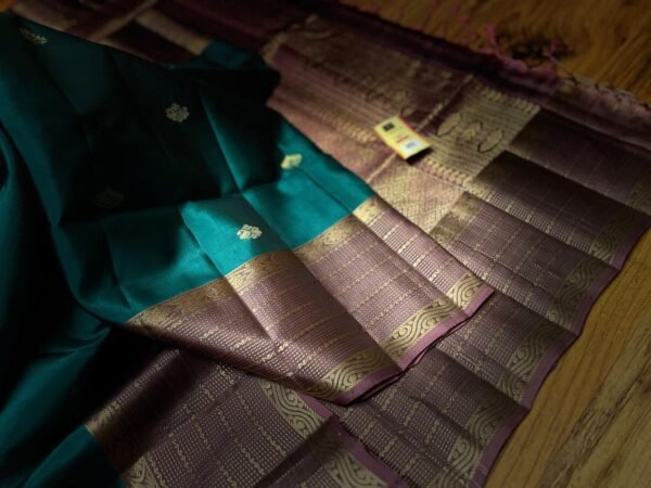 Luxurious Teal Green & Mauve Purple Soft Silk Saree with Heavy Gold Zari Weave