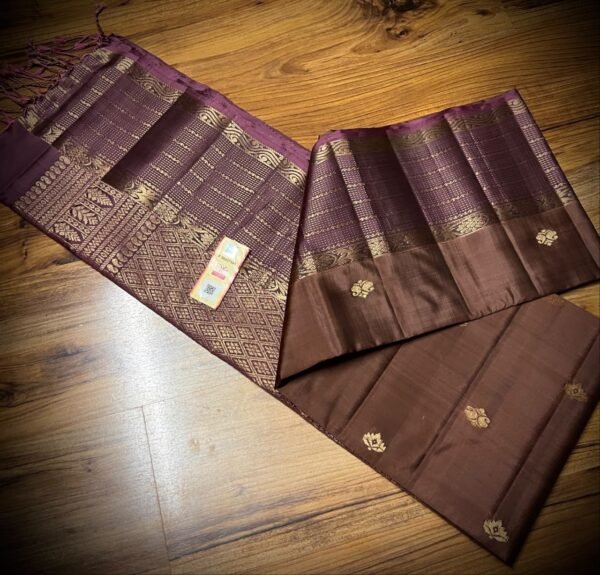 Regal Dark Chocolate & Plum Purple Soft Silk Saree with Rich Antique Gold Zari Weave